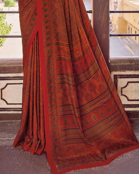 Dark Red Printed Silk Crepe Saree