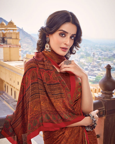 Dark Red Printed Silk Crepe Saree