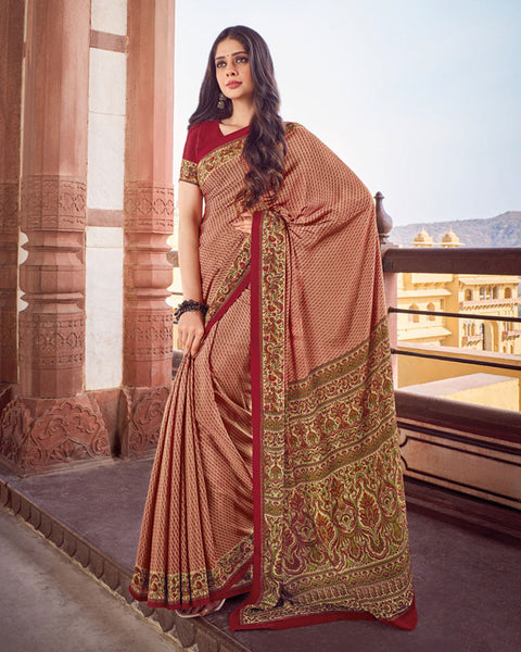 Brandy Cream Printed Silk Crepe Saree