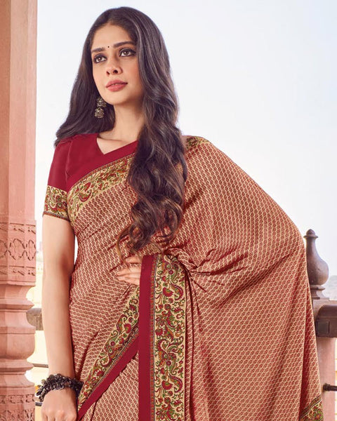 Brandy Cream Printed Silk Crepe Saree