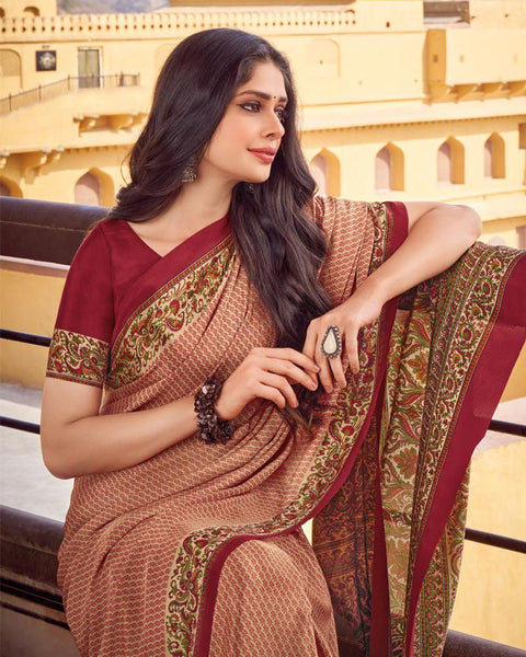 Brandy Cream Printed Silk Crepe Saree