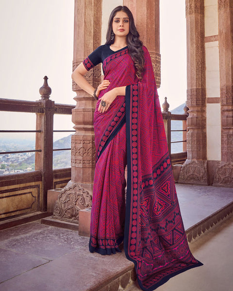 Cerise Pink Printed Silk Crepe Saree