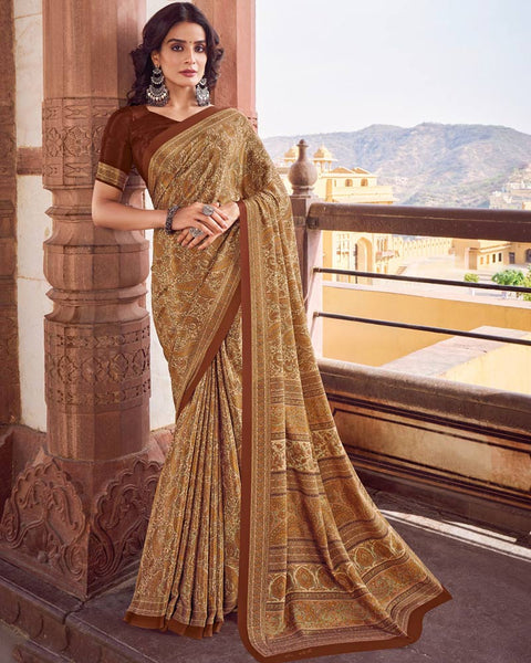Sand Brown Printed Silk Crepe Saree
