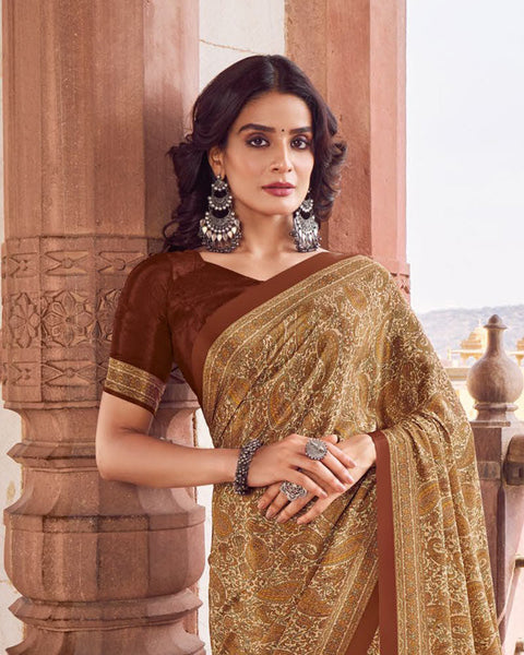 Sand Brown Printed Silk Crepe Saree