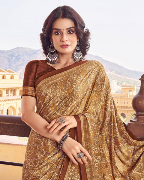 Sand Brown Printed Silk Crepe Saree