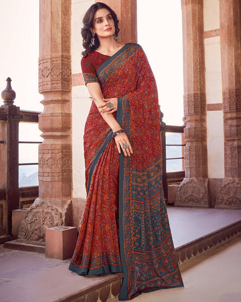 Dark Red Printed Silk Crepe Saree
