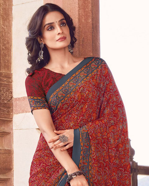 Dark Red Printed Silk Crepe Saree