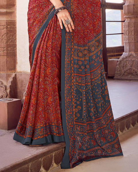 Dark Red Printed Silk Crepe Saree