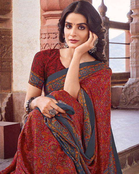 Dark Red Printed Silk Crepe Saree
