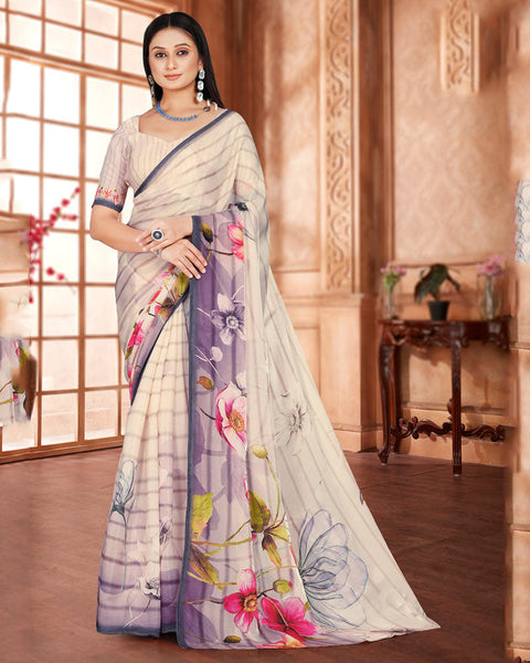 Almond Cream Digital Print Organza Saree With Diamond Work