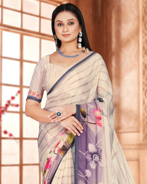 Almond Cream Digital Print Organza Saree With Diamond Work