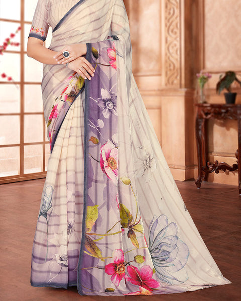 Almond Cream Digital Print Organza Saree With Diamond Work