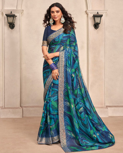 Navy Blue Printed Moss Chiffon Saree With Foil Print And Fancy Border