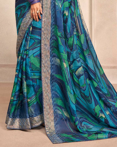 Navy Blue Printed Moss Chiffon Saree With Foil Print And Fancy Border