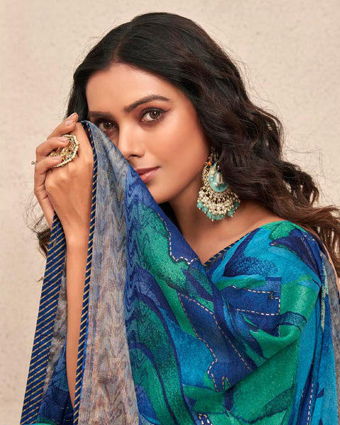 Navy Blue Printed Moss Chiffon Saree With Foil Print And Fancy Border
