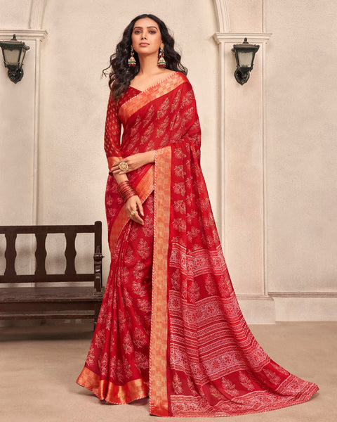 Cherry Red Printed Moss Chiffon Saree With Foil Print And Fancy Border