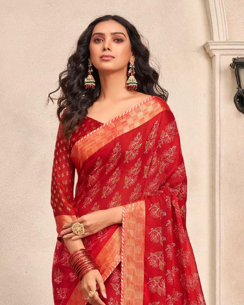 Cherry Red Printed Moss Chiffon Saree With Foil Print And Fancy Border