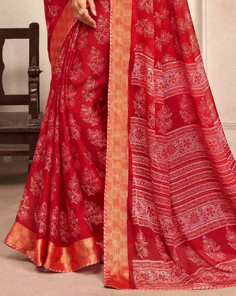 Cherry Red Printed Moss Chiffon Saree With Foil Print And Fancy Border