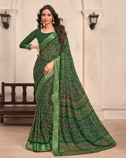 Dark Green Printed Moss Chiffon Saree With Foil Print And Fancy Border