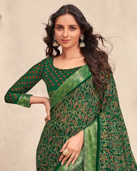 Dark Green Printed Moss Chiffon Saree With Foil Print And Fancy Border