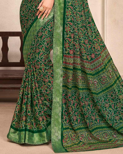 Dark Green Printed Moss Chiffon Saree With Foil Print And Fancy Border