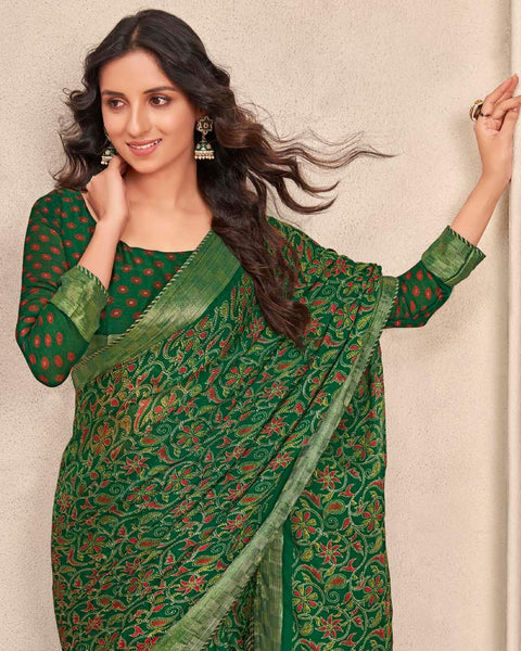 Dark Green Printed Moss Chiffon Saree With Foil Print And Fancy Border