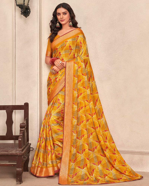 Yellow Punch Printed Moss Chiffon Saree With Foil Print And Fancy Border