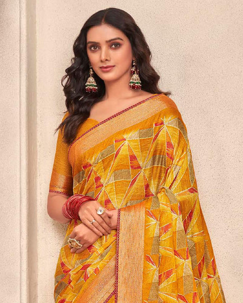 Yellow Punch Printed Moss Chiffon Saree With Foil Print And Fancy Border