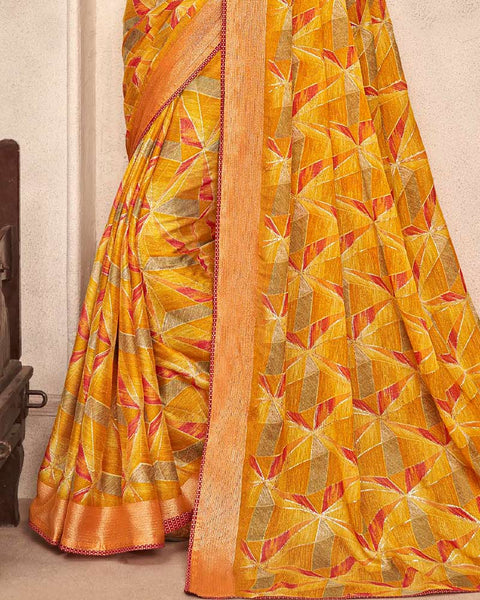 Yellow Punch Printed Moss Chiffon Saree With Foil Print And Fancy Border