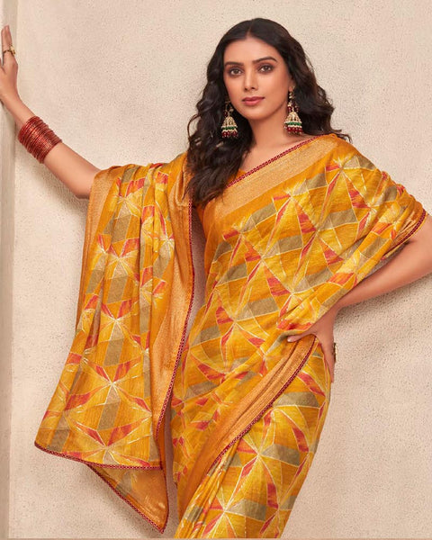 Yellow Punch Printed Moss Chiffon Saree With Foil Print And Fancy Border