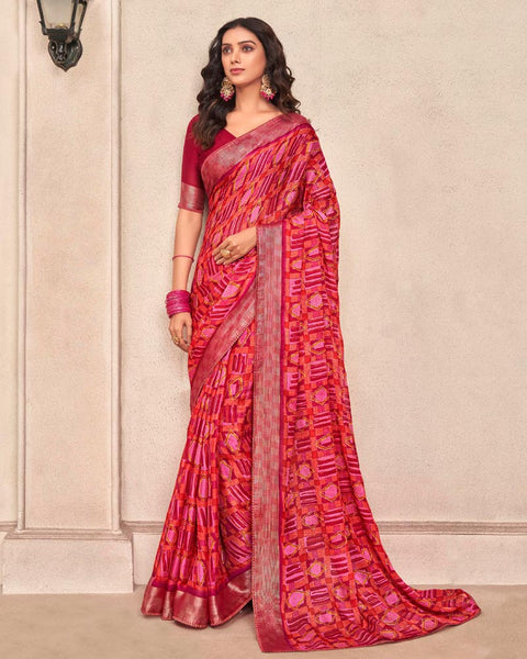 Wine Red Printed Moss Chiffon Saree With Foil Print And Fancy Border