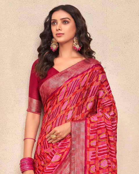 Wine Red Printed Moss Chiffon Saree With Foil Print And Fancy Border