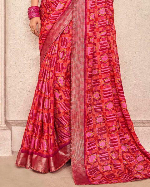 Wine Red Printed Moss Chiffon Saree With Foil Print And Fancy Border