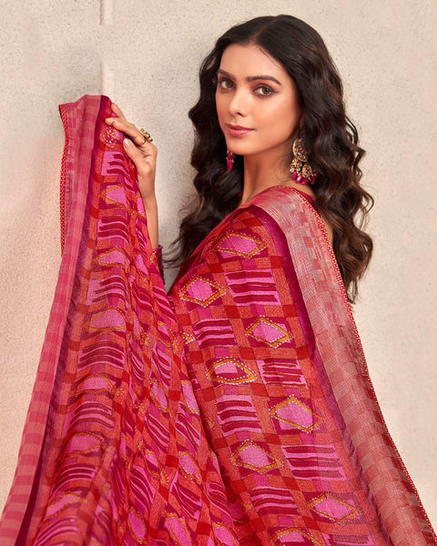 Wine Red Printed Moss Chiffon Saree With Foil Print And Fancy Border