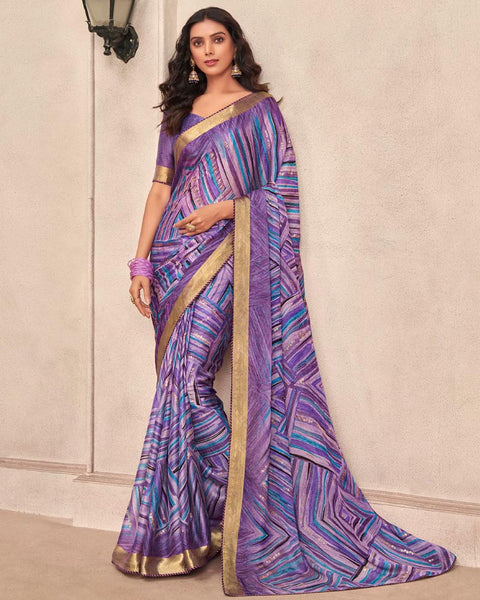 Bossanova Violet Printed Moss Chiffon Saree With Foil Print And Fancy Border
