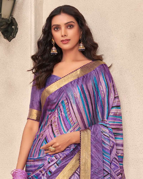 Bossanova Violet Printed Moss Chiffon Saree With Foil Print And Fancy Border