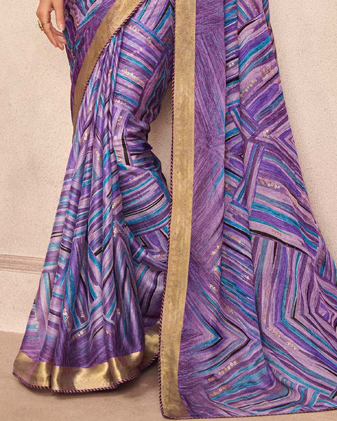 Bossanova Violet Printed Moss Chiffon Saree With Foil Print And Fancy Border
