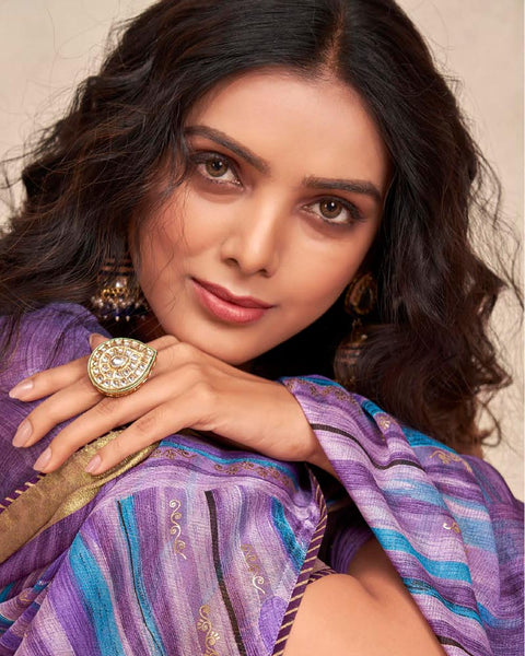 Bossanova Violet Printed Moss Chiffon Saree With Foil Print And Fancy Border