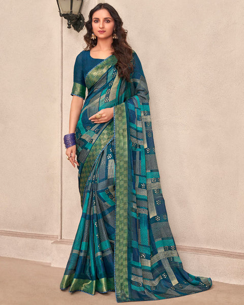 Peacock Blue Printed Moss Chiffon Saree With Foil Print And Fancy Border