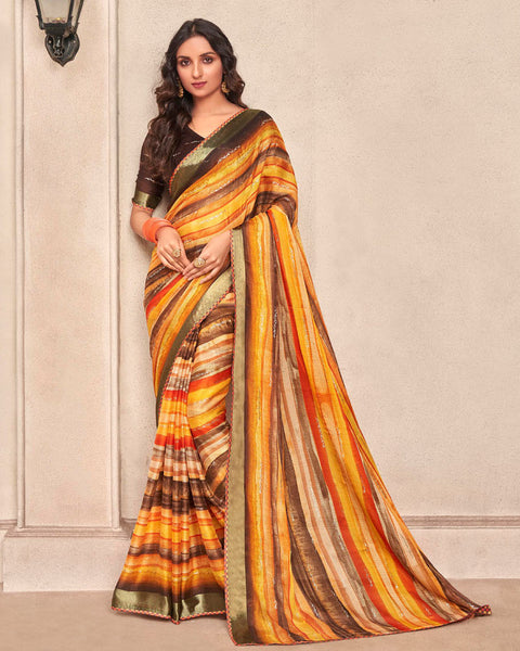 Yellowish Orange Printed Moss Chiffon Saree With Foil Print And Fancy Border