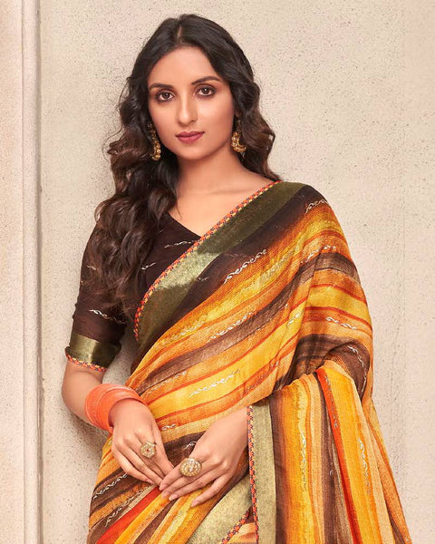 Yellowish Orange Printed Moss Chiffon Saree With Foil Print And Fancy Border