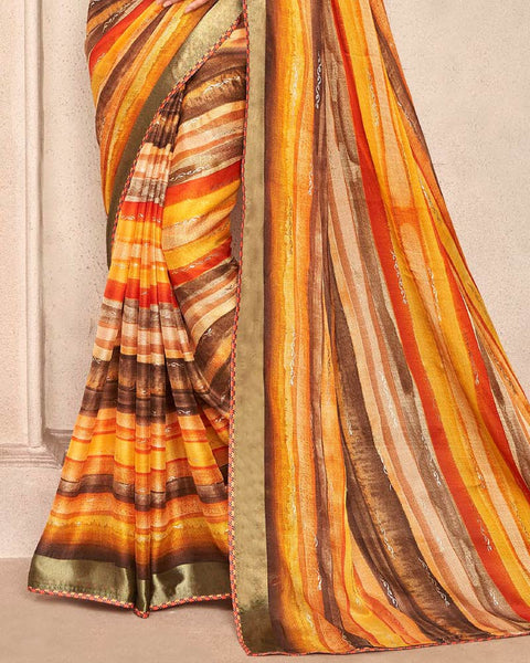 Yellowish Orange Printed Moss Chiffon Saree With Foil Print And Fancy Border