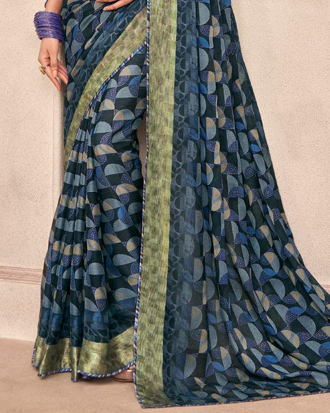 Cape Cod Grey Printed Moss Chiffon Saree With Foil Print And Fancy Border