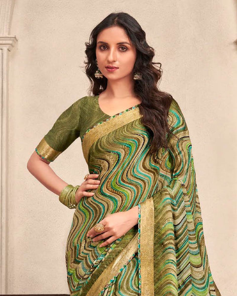 Mehandi Green Printed Moss Chiffon Saree With Foil Print And Fancy Border