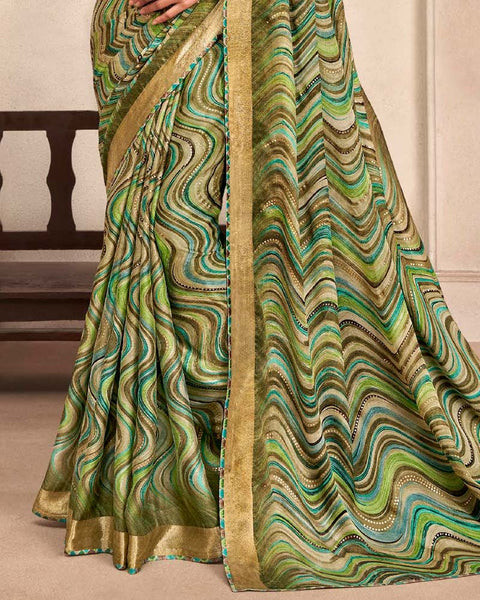 Mehandi Green Printed Moss Chiffon Saree With Foil Print And Fancy Border