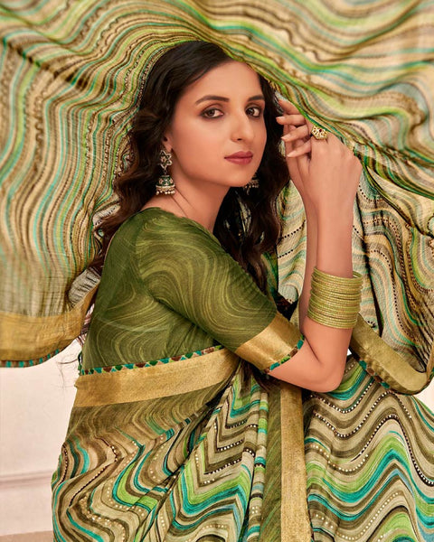 Mehandi Green Printed Moss Chiffon Saree With Foil Print And Fancy Border