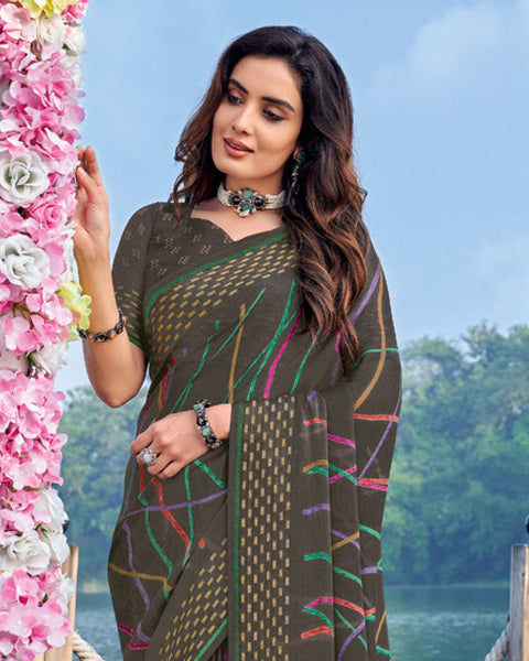 Brownish Grey Printed Chiffon Georgette Saree With Weaved Fancy Border