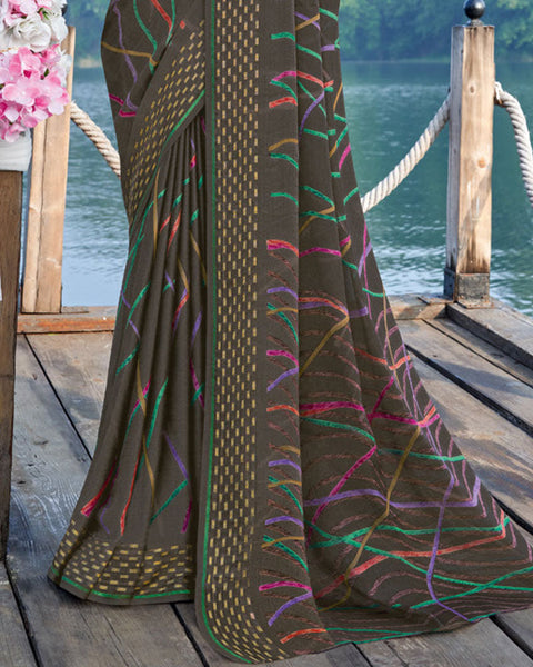 Brownish Grey Printed Chiffon Georgette Saree With Weaved Fancy Border