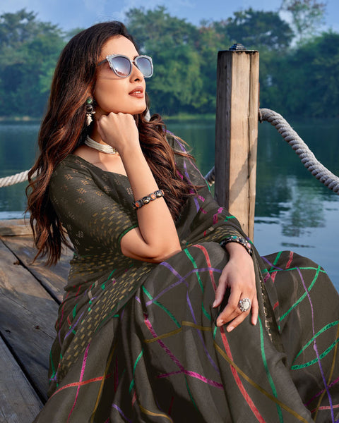 Brownish Grey Printed Chiffon Georgette Saree With Weaved Fancy Border