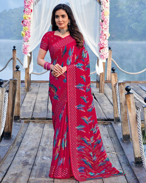 Razzmatazz Pink Printed Chiffon Georgette Saree With Weaved Fancy Border